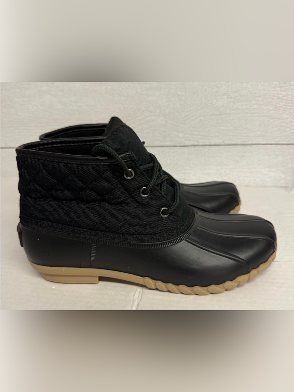 St. John's Bay Black Quilted Duck Boots with Tan Sole